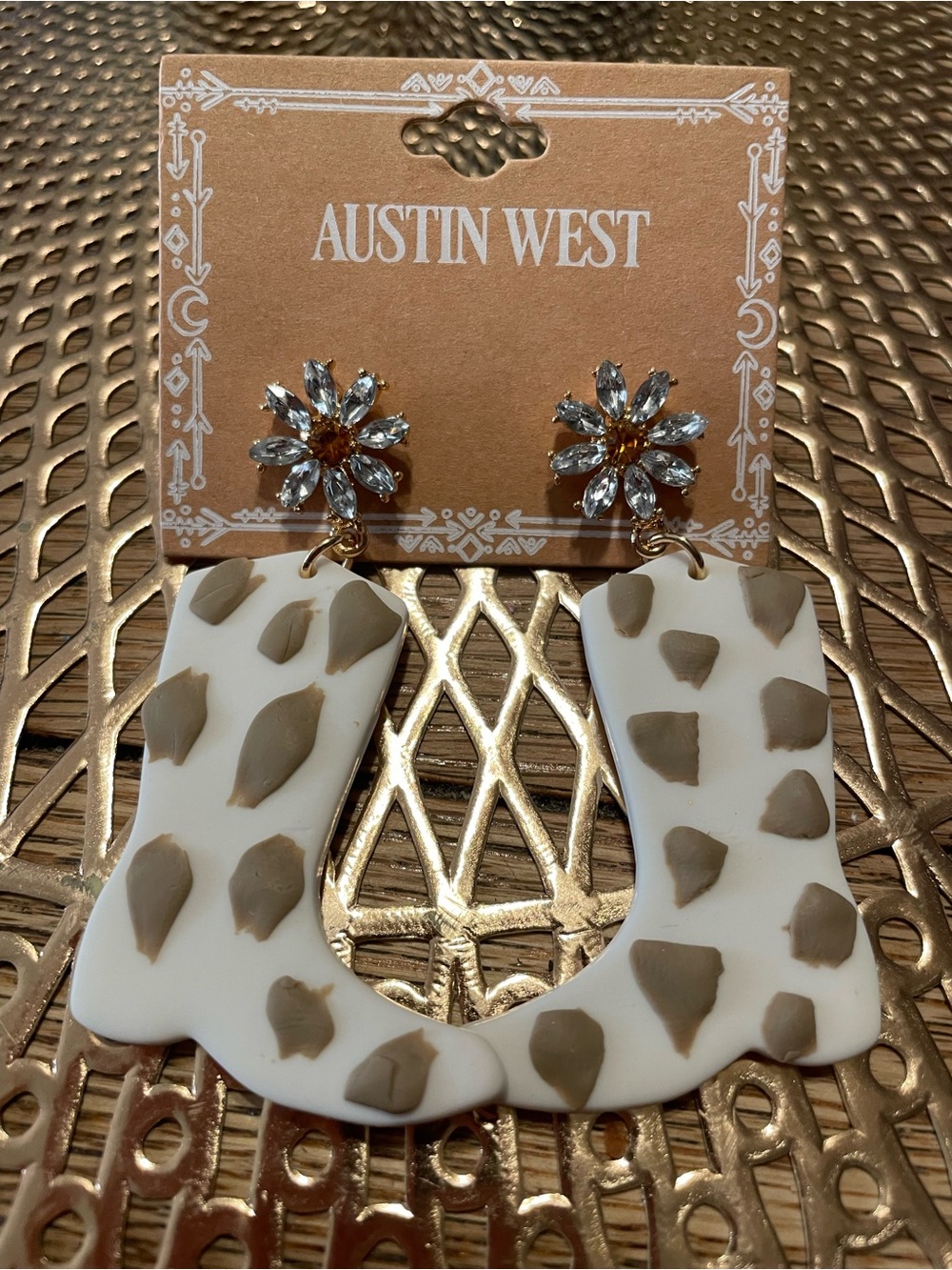 Western Austin West Cream & Taupe Dangle Earrings with Crystal Flowers